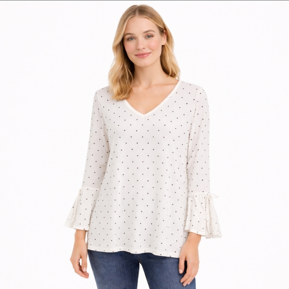 LOFT White Polka Dot Top With Tie Cuff Bell Sleeves Sz Lg